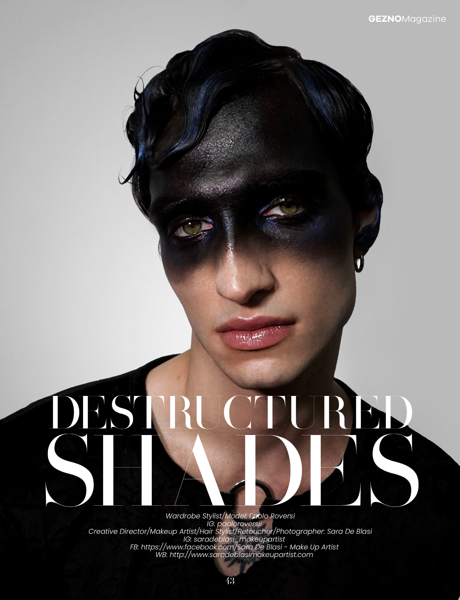 GEZNO Magazine title page: black pigment across the eyes, blue light on bare skin
